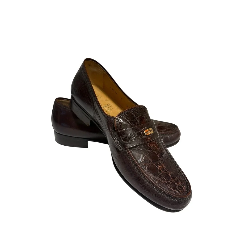 Bruno Magli Vintage Brown Leather Crocodile Texture Gold Logo Slip on Loafer - 6